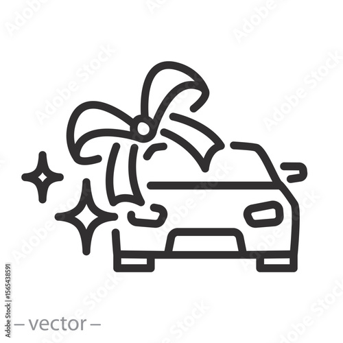 new car icon, automobile with bow, car gift, present or special offer, thin line symbol on white background - editable stroke vector illustration eps10