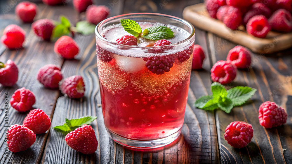 Pink raspberry kombucha with bubbles in glass Pink raspberry kombucha with bubbles in glass
