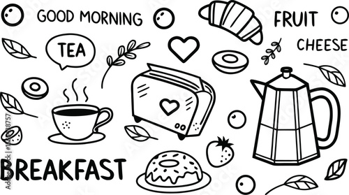 vector breakfast and morning icon set,

Fast food sketch for fastfood restaurant or bistro. Vector cheeseburger burger or hotdog sandwich snack, french fries or pizza and coffee or soda drink, taco 
