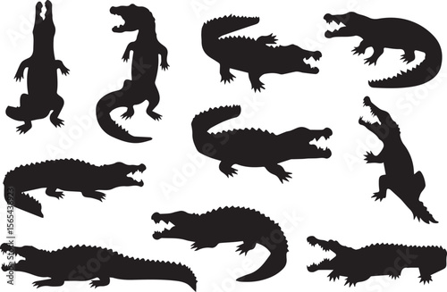 A set of different types of black Crocodile Wild Animals silhouette icons on a white background. Each  has a unique position. The icons are illustrations