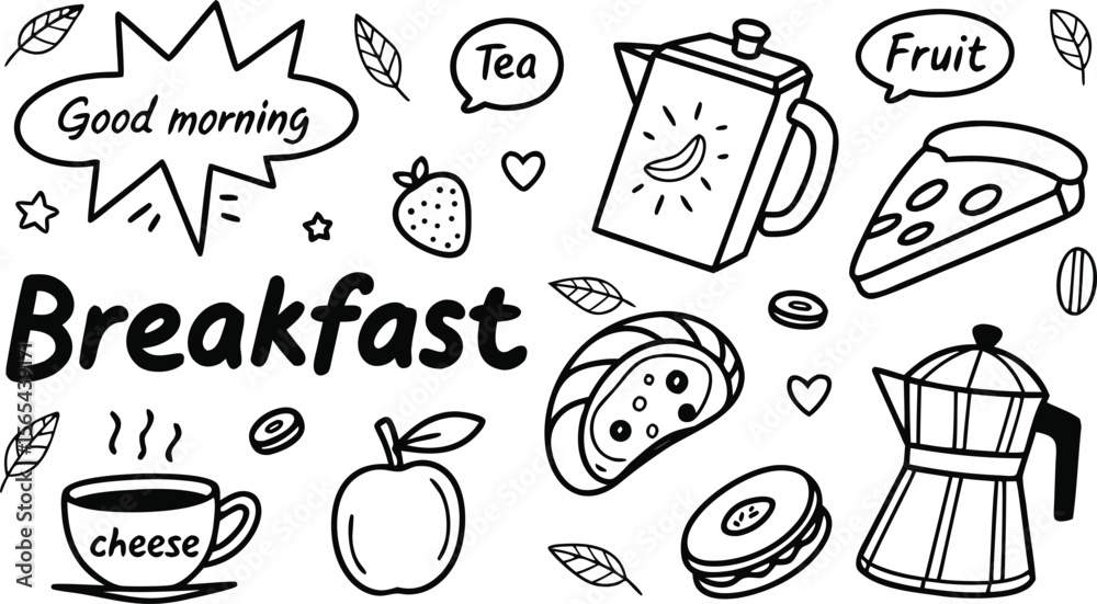 Fototapeta premium vector breakfast and morning icon set,Fast food sketch for fastfood restaurant or bistro. Vector cheeseburger burger or hotdog sandwich snack, french fries or pizza and coffee or soda drink, taco