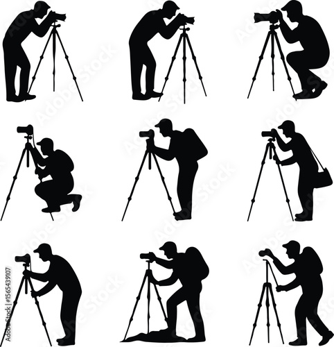 Silhouette Icons of Photographer Poses with Tripod – Black Vector Set Photographer with Tripod Silhouette Set – Camera Icon Vector Collection