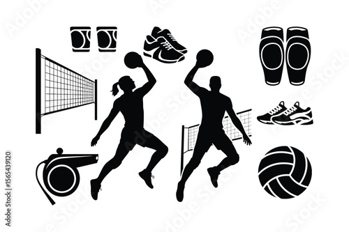 Volleyball players in action with equipment silhouettes