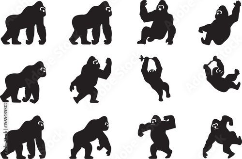 A set of different types of black Gorilla Wild Animals silhouette icons on a white background. Each  has a unique position. The icons are illustrations