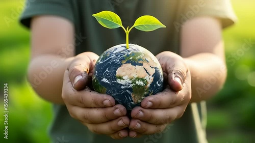 Child's hands holding a miniature globe with a small plant growing from it