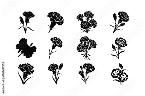 Black carnation silhouettes with buds and leaves flower white