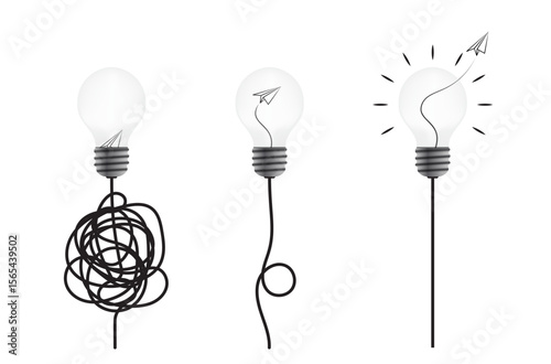 Lightbulb set with cable knot, paper plane. Idea, problem solving, complex business process resolving concept vector design with 3d lightbulb, wire, paper airplane.