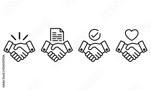 Partnership Handshake Symbol Icons Set, White Background, Agreement, Love, Success