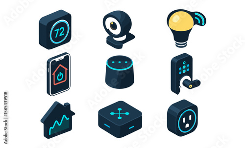 Smart home and IoT technology concept: thermostat, camera, speaker, smart light bulb, door lock, mobile app, home automation icons in 3D isometric design