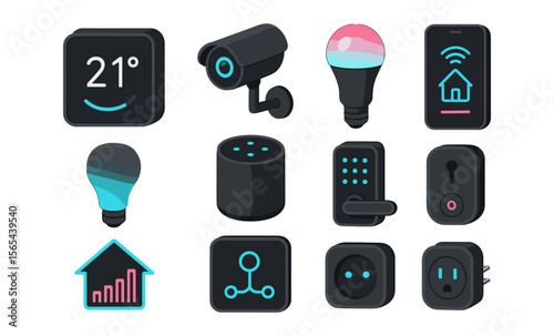 Smart home and IoT technology concept: thermostat, camera, speaker, smart light bulb, door lock, mobile app, home automation icons in 3D isometric design