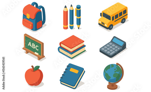 School supplies and education concept: backpack, books, school bus, chalkboard, pencil, calculator, globe, and notebook in 3D isometric design