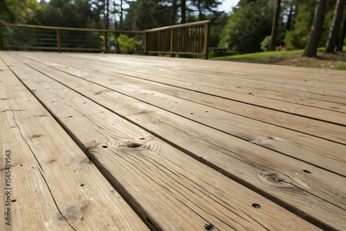 Close up of weathered wooden deck planks with a blurred background of trees and railing on a sunny day