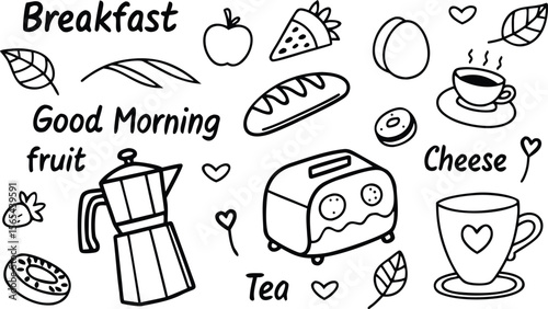 vector breakfast and morning icon set,

Fast food sketch for fastfood restaurant or bistro. Vector cheeseburger burger or hotdog sandwich snack, french fries or pizza and coffee or soda drink, taco 