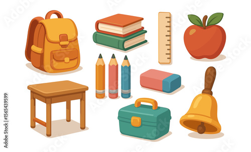 School supplies and classroom essentials: backpack, books, pencil, ruler, apple, desk, bell, and eraser in 3D isometric design
