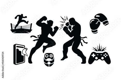 Boxing match and gaming bundle silhouette fighters ring