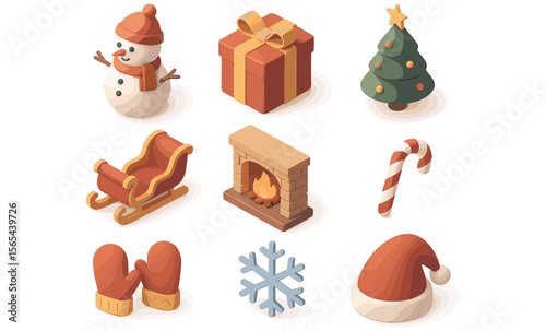 3D Christmas icons: snowman, gift box, Christmas tree, sleigh, fireplace, candy cane, mittens, snowflake, and Santa hat
