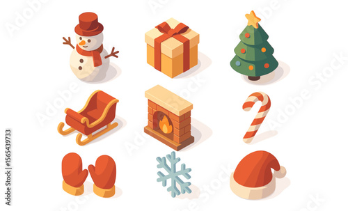 3D Christmas icons: snowman, gift box, Christmas tree, sleigh, fireplace, candy cane, mittens, snowflake, and Santa hat