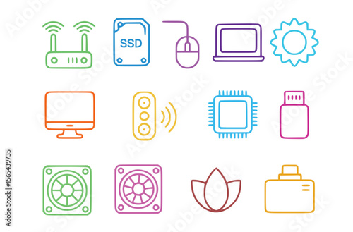 Colorful minimalist technology and nature line art icons computer