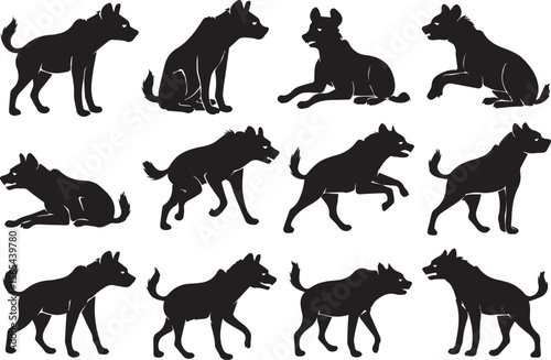 A set of different types of black Hyena Wild Animals silhouette icons on a white background. Each  has a unique position. The icons are illustrations