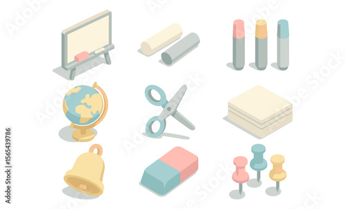 3D school supplies icons: chalkboard, globe, scissors, sticky notes, erasers, bell, and push pins