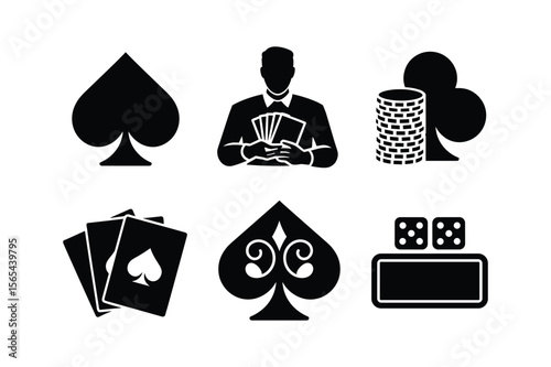 Casino game icons playing cards dice chips and spade symbol gambling