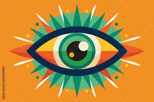 Colorful Eye Illustration with Geometric Shapes on Orange Background