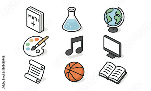 Educational and recreational items: math book, science flask, globe, art palette, music note, computer, scroll, basketball, open book