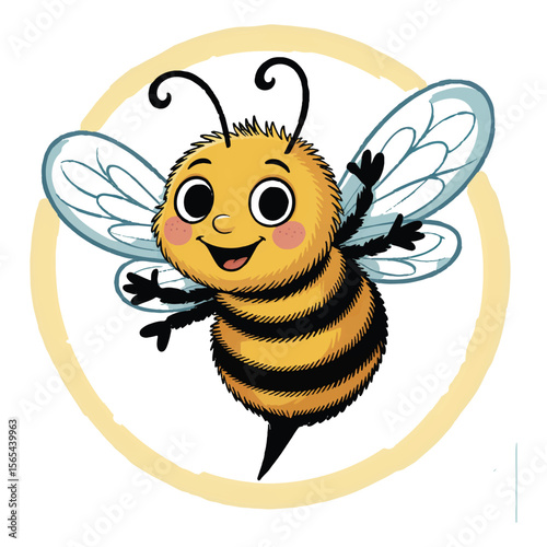 A cheerful cartoon bee with fluffy yellow and black striped body and translucent wings flies happily within a soft yellow circle
