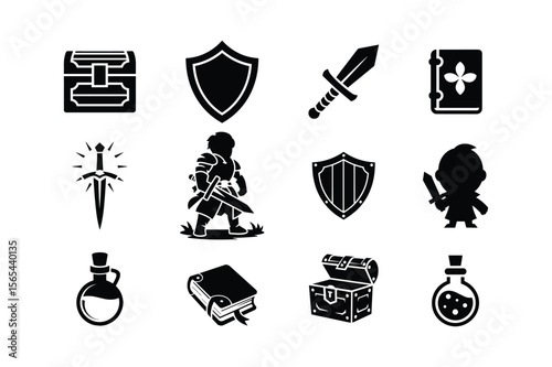 Fantasy game icons bundle silhouette
