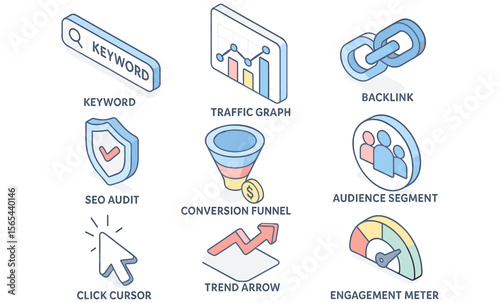 SEO, traffic, and audience analytics concept: keyword search, graph, backlink, and engagement meter
