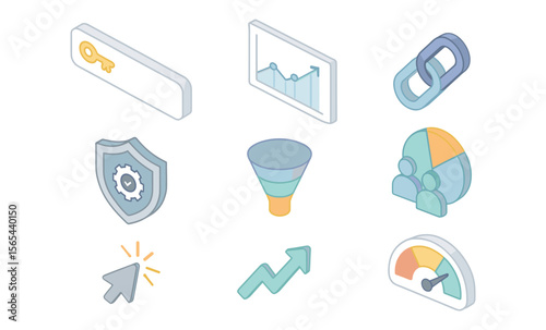 SEO, traffic, and audience analytics concept: keyword search, graph, backlink, and engagement meter