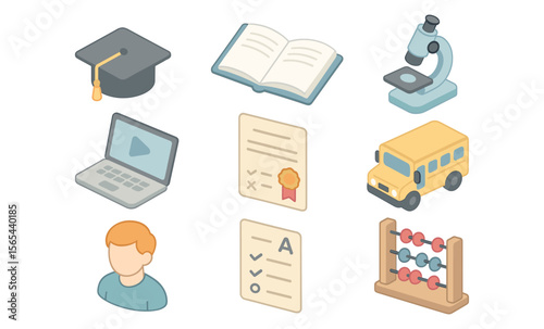 Education and learning concept: graduation, study materials, school bus, and tools