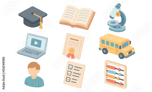 Education and learning concept: graduation, study materials, school bus, and tools