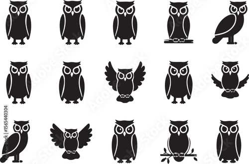 A set of different types of black Owl Wild Animals silhouette icons on a white background. Each  has a unique position. The icons are illustrations