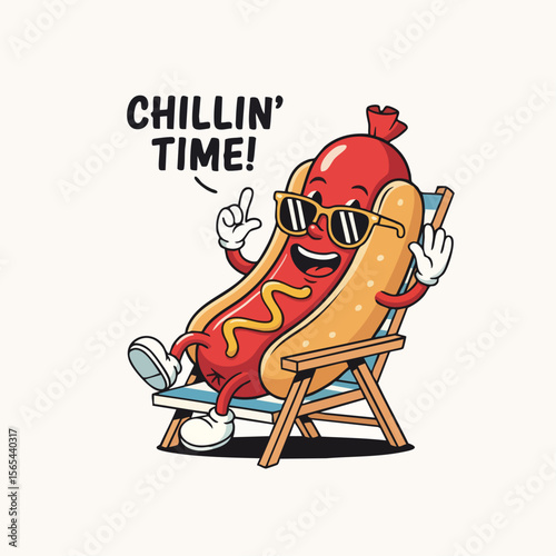 Cartoon Hotdog Character Chilling Time Illustration Sitting on Beach Chair