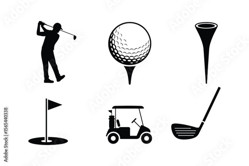 Golf player silhouette golf ball tee golf cart flagstick club golfer swing