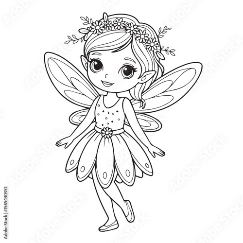 Cute cartoon black and white line drawing of a happy fairy girl with flower crown and butterfly wings wearing a dress and ballet shoes