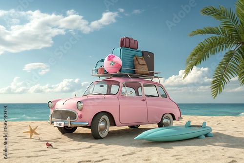 Fototapeta Naklejka Na Ścianę i Meble -  Retro pink car loaded with luggage and a surfboard parked on a sandy beach with the ocean and palm trees in the background