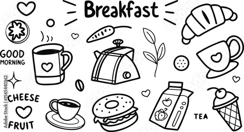 vector breakfast and morning icon set,

Fast food sketch for fastfood restaurant or bistro. Vector cheeseburger burger or hotdog sandwich snack, french fries or pizza and coffee or soda drink, taco 