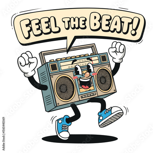 Retro Cartoon Boombox Character with Speech Bubble and Motivational Text
