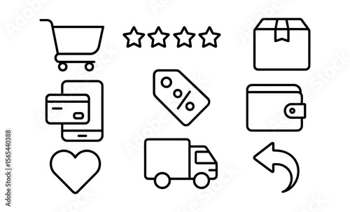 E-commerce and shopping icons: cart, ratings, box, payment, wallet, truck, and return