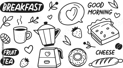 vector breakfast and morning icon set,

Fast food sketch for fastfood restaurant or bistro. Vector cheeseburger burger or hotdog sandwich snack, french fries or pizza and coffee or soda drink, taco 