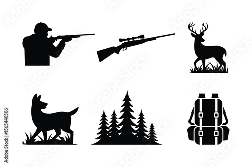 Hunter aiming rifle deer trees backpack bundle silhouette scope