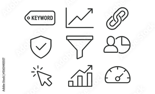 SEO marketing analytics concept with keywords, traffic graph, funnel, and data insights