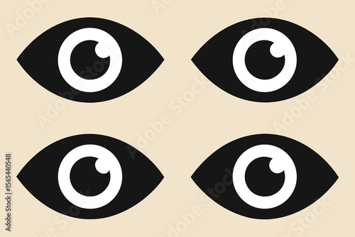 Four stylized eyes in black and white on a beige background
