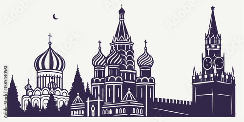 Moscow skyline vector silhouette featuring Saint Basil’s Cathedral, Kremlin towers, and Moscow City skyscrapers. 