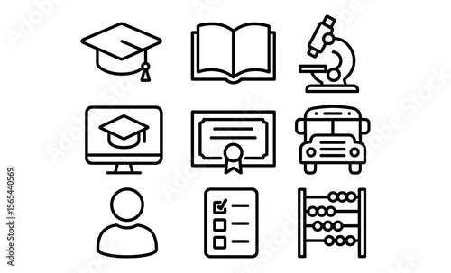 Education and learning concept with school icons including graduation cap, microscope, school bus, and more
