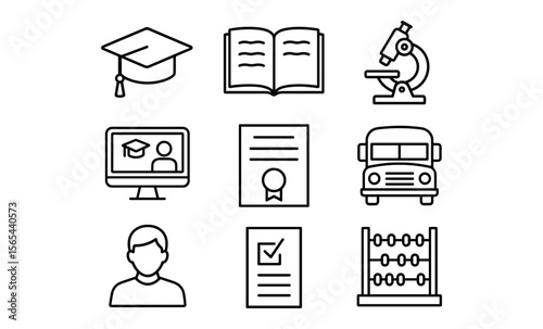Education and learning concept with school icons including graduation cap, microscope, school bus, and more