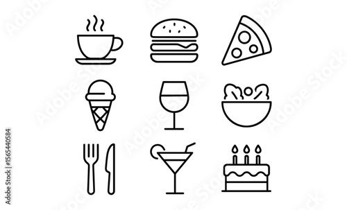 Food and drinks concept with icons of coffee, hamburger, pizza, ice cream, wine, and more