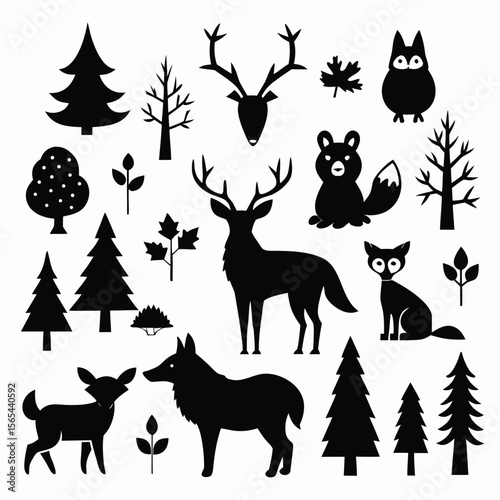 Forest Animal Silhouettes Icon Set  Simple Wildlife and Nature Symbols